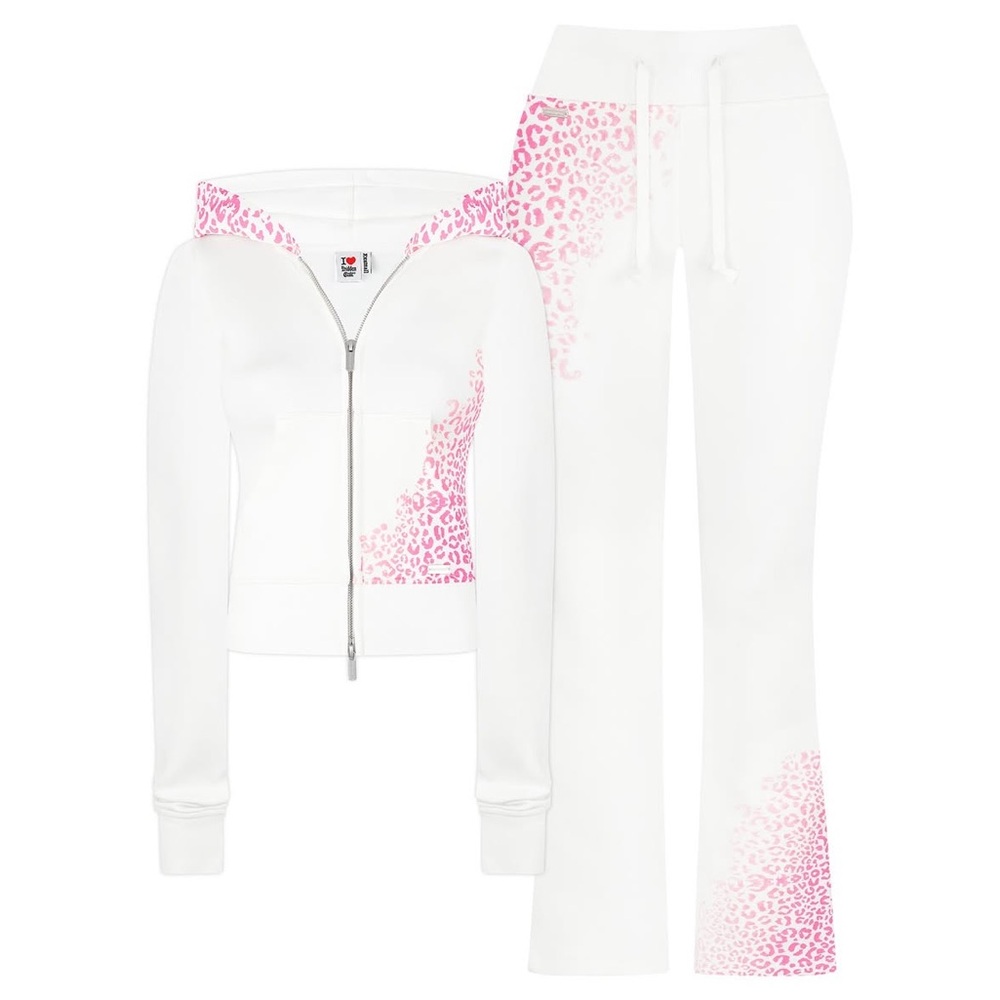 Hidden Cult Set White & Pink Leopard-Print Hoodie Zip Jacket and Pants Set